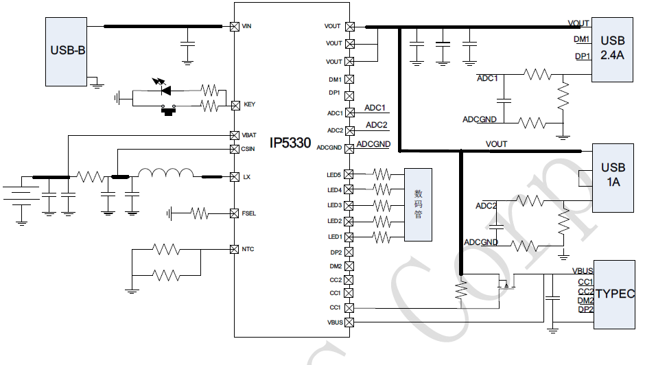 IP5330集成数码管驱动TYPE C协议3A充放电移动电源SOC